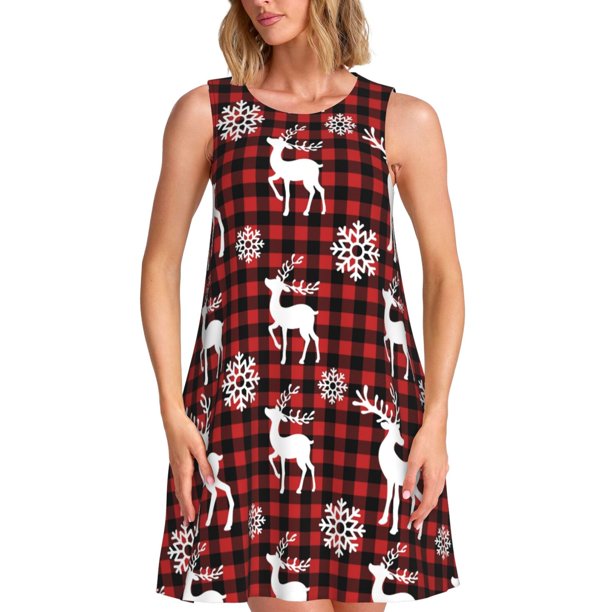 Disketp Plaid Reindeer Snowflakes para Vestido sin Mangas para Mujeres, Vestidos de Verano para Mujeres, Casual y Holgado para la Playa
