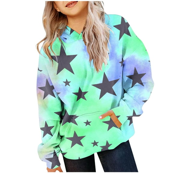 TFEOQRY Children Girls Hooded Sweatshirt Long Sleeved Fashionable star printed Pattern T-shirt Round Neck Top with pockets