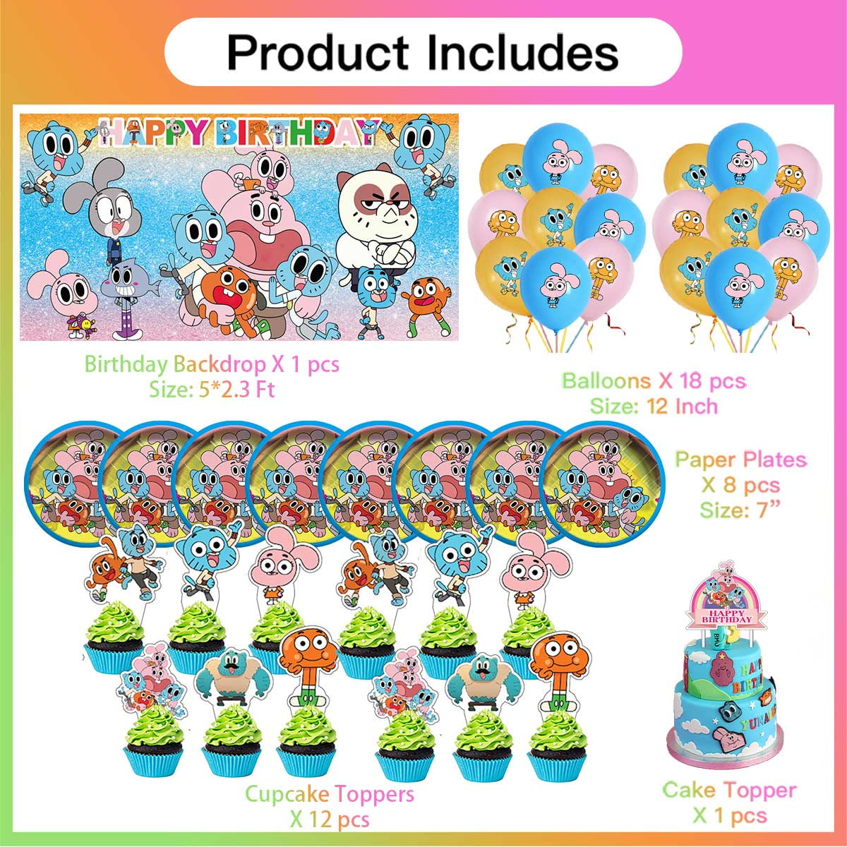 The Amazing World of Gumball Birthday Party Supplies Balloons Plates Decoration Cake Topper Decor Tableware Banner Backdrop