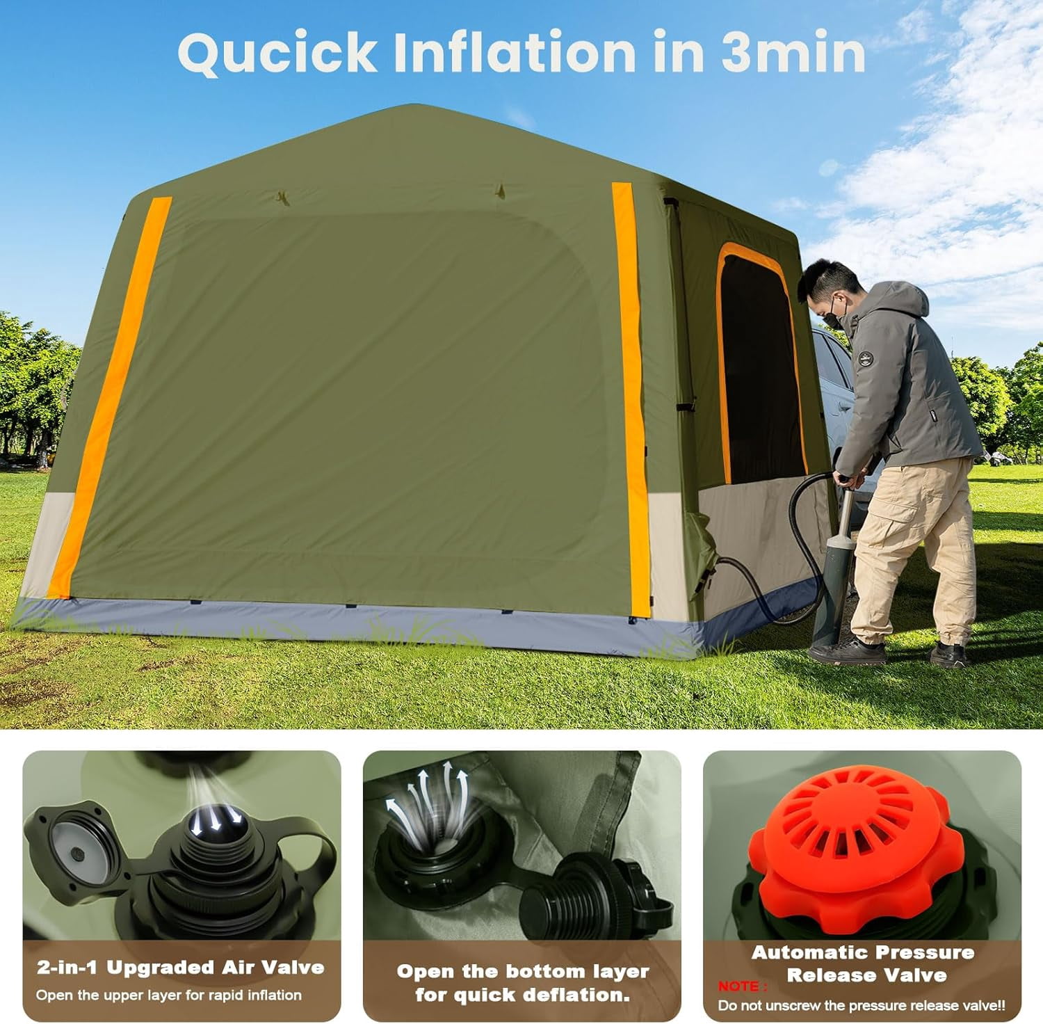 Slsy Inflatable Tent with Pump, Inflatable Tent for Camping 4~6 People Large Blow Up Air Tents House, Waterproof Luxury Glamping Tent with Mesh & Stove Jack