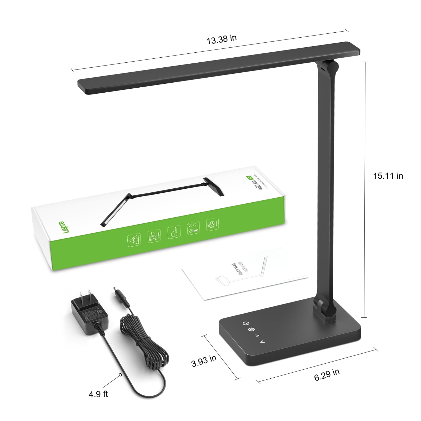 Lepro LED Dimmable Reading Desk Lamp with USB Charging Port, 15W 96 LEDs 550 Lumens Soft Light Eye-Care, Suitable for Home Work, Study, College Dorm, Black