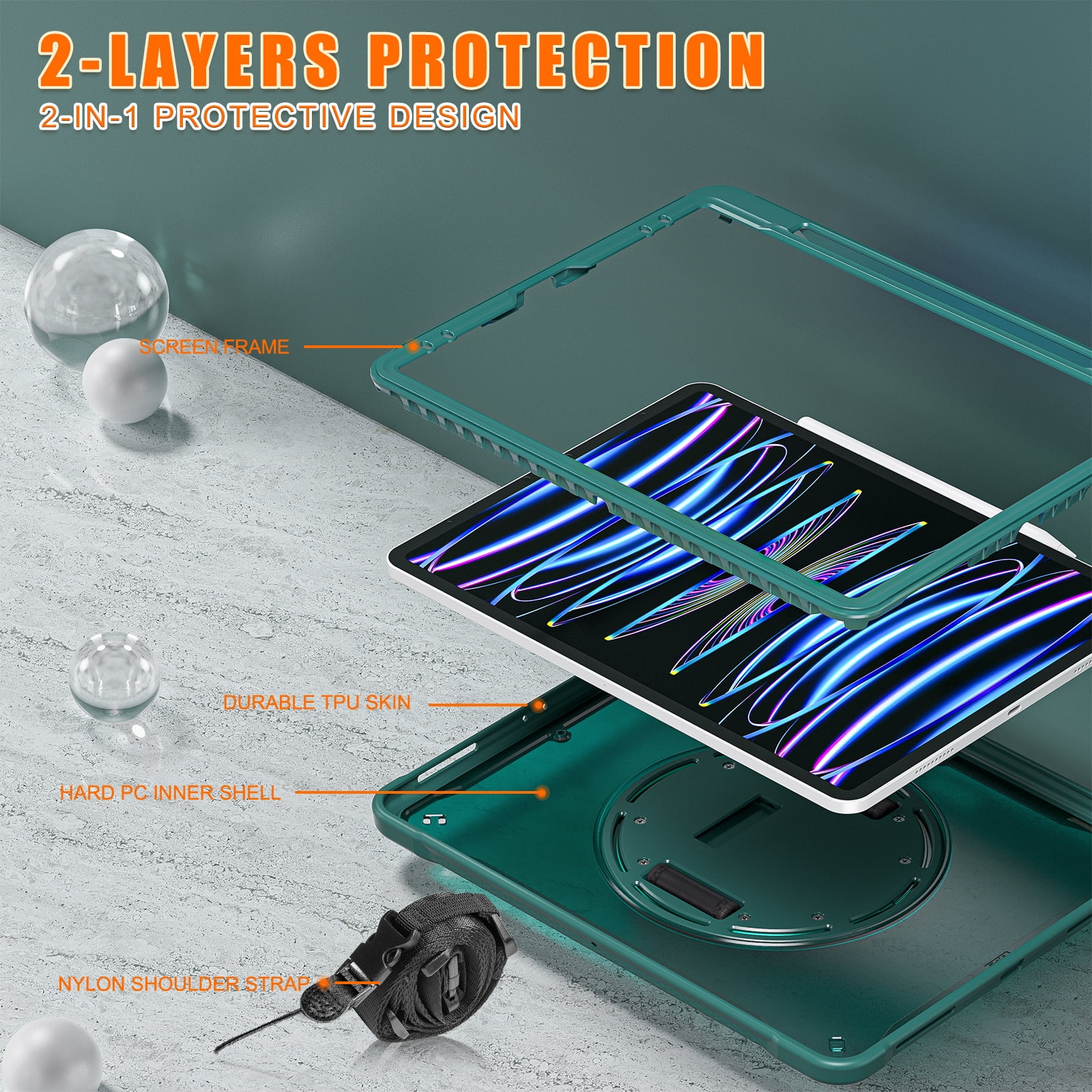 Dteck Case for iPad Pro 12.9-inch 3rd/4th/5th/6th Generation (2018/2020/2021/2022),Military Grade Shockproof Silicone Cover 360° Rotatable Stand- Shoulder Strap- Handle- Pencil Holder,Darkgreen