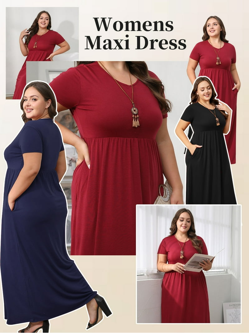 Mengpipi Women's Maxi Dresses Short Sleeve Long Casual Dresses Loose Plain  with Pockets, Wine-XXL(US 20-22)