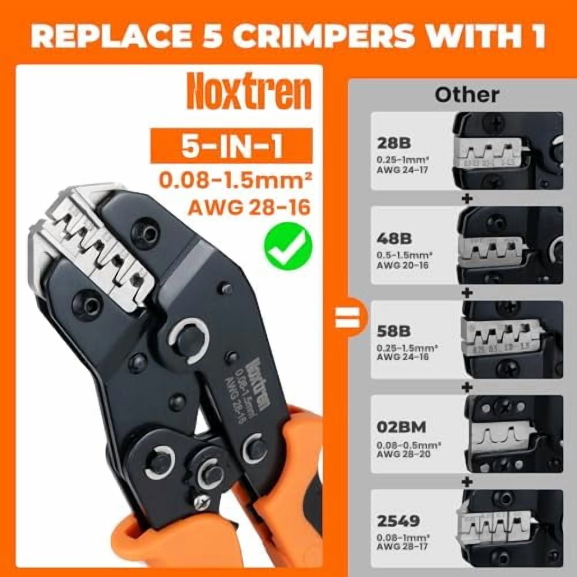 5-in-1 Wire Crimping Tool, AWG 28–16 Ratcheting Crimper for Non-Insulated Open Barrel Terminals – Fits Deutsch, Delphi, AMP, JST, Dupont, Molex, TE & More Automotive Wire Connectors