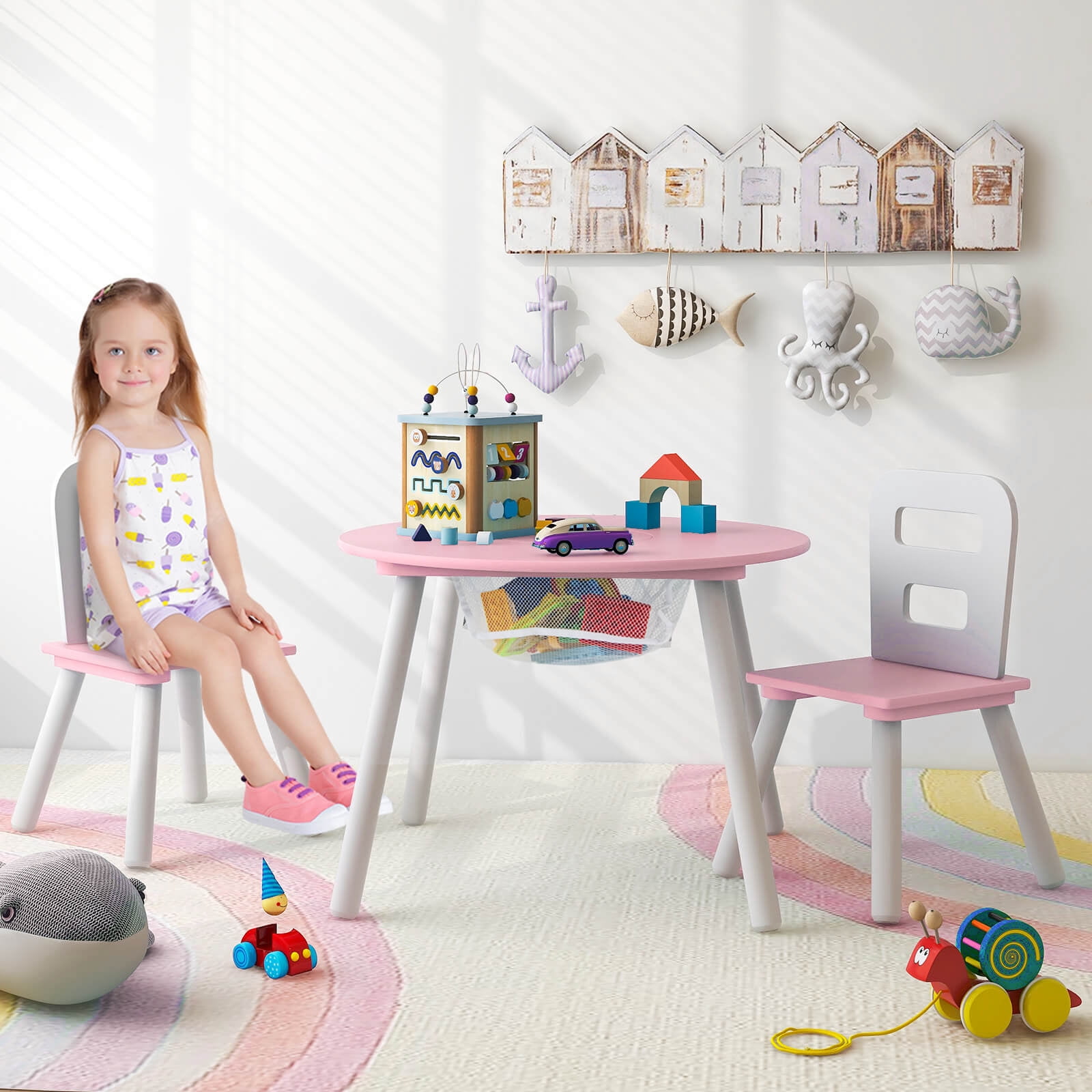 Infans Kids Wooden Round Table & 2 Chair Set w/ Center Mesh Storage Pink