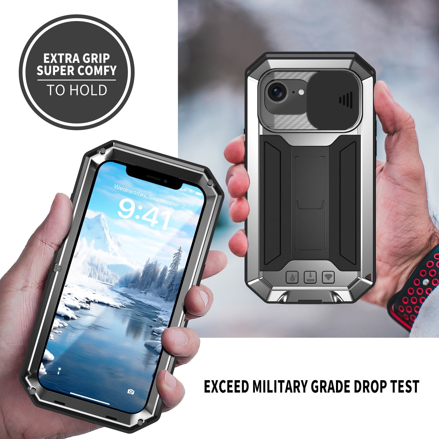 Dteck for iPhone 16E Case with Camera Cover Sliding, Heavy Duty Protection Rugged Screw Full Body Military Grade Metal Rubber with Stand Hard Built in Screen Protector for iPhone 16e 2025,Silver