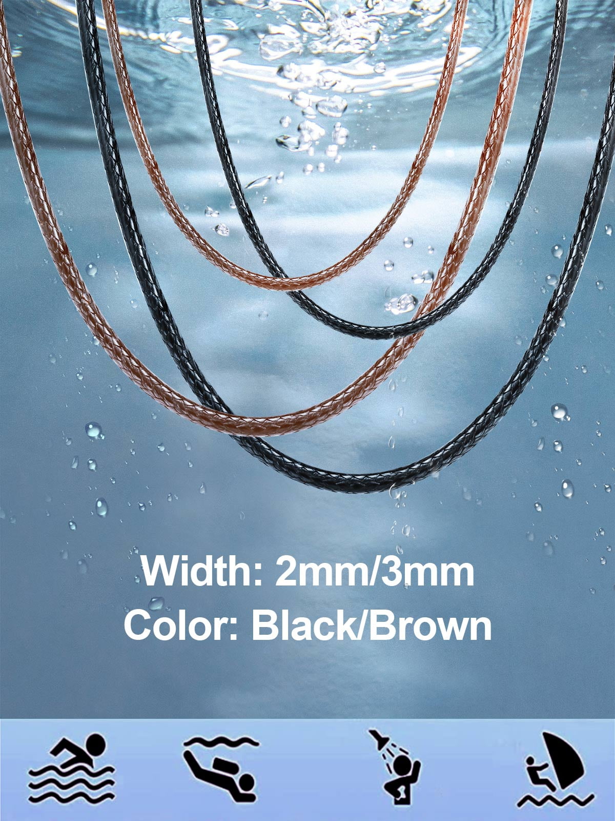 FindChic Black Waterproof Braid Leather Cord Necklace for Men, 2mm/3mm Width 16-30 inch Stainless Steel Chain Necklace Waxed Rope Chain to Match Pendant for Dad Husband, with Gift Box