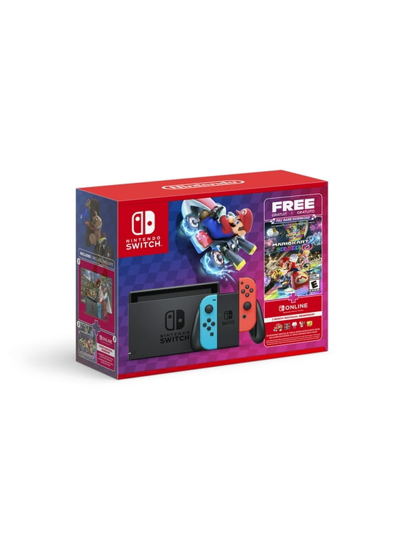 Nintendo Switch Mario Kart 8 Deluxe Bundle - 6.2" multi-touch display - Includes 2 Joy-Con Controllers w/ analog stick - 4.5-9 hr battery life - Mario Kart 8 Deluxe full-game download - 3-month Swi...