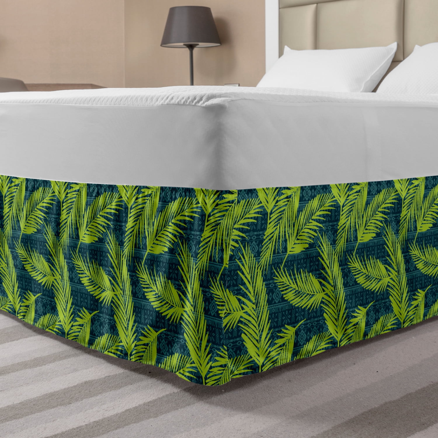 Leaves Bed Skirt, Tribal Aztec Backdrop with Sketched Spiky Palm