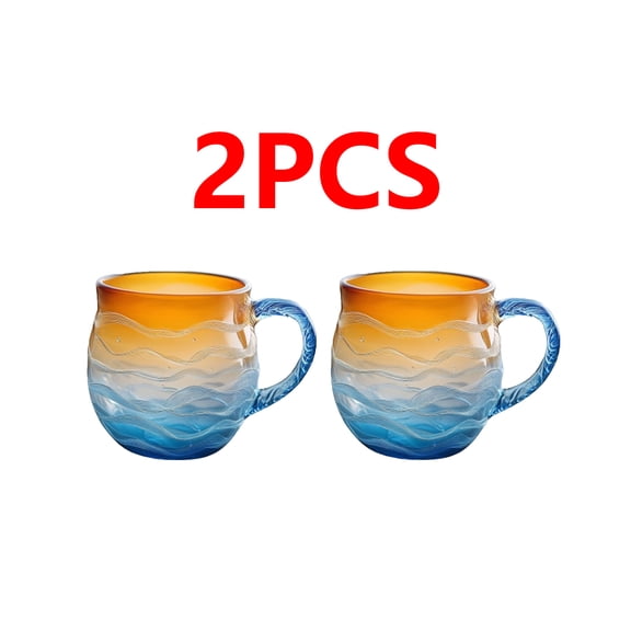 2pcs Handblown Sea Glass Sunset Mug - Wave-Patterned Beach Theme Drinkware, Sea-Inspired Tea Cup for Coffee & Cold rink, Glass Mug with Soft Sunset Hues, Unique Coastal Home Decor Accessory, 3.93in