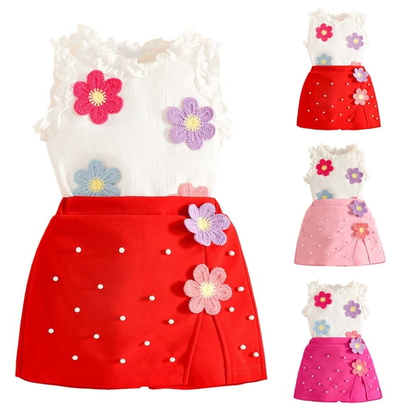 TTUHYWXI Girl's 2 Piece Set Flower Printed Cami and Wrap Elastic Waist Skorts Outfits (Hot Pink, 9-12 Months)