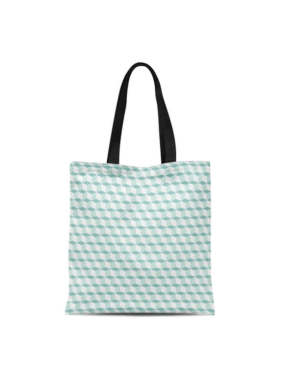 LADDKE Canvas Tote Bag Geometric Mint Green Pattern Cubes in Op Bold Techno Durable Reusable Shopping Shoulder Grocery Bag