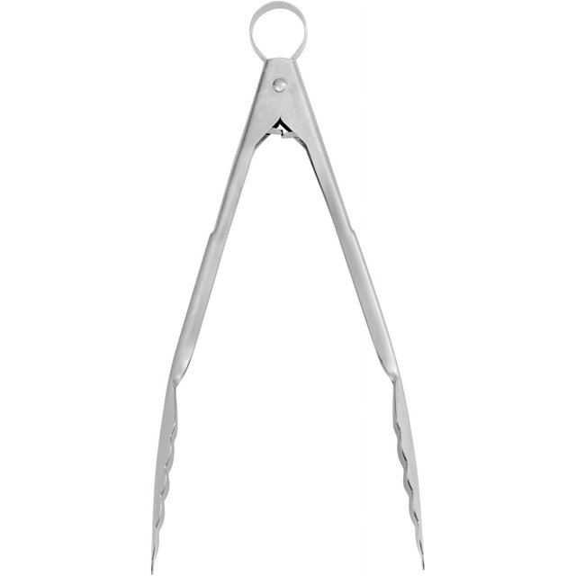 Pinza BROWNE USA de acero inoxidable con mecanismo de desbloqueo longitud 24 cm ideal para manipular alimentos con higiene y control.
