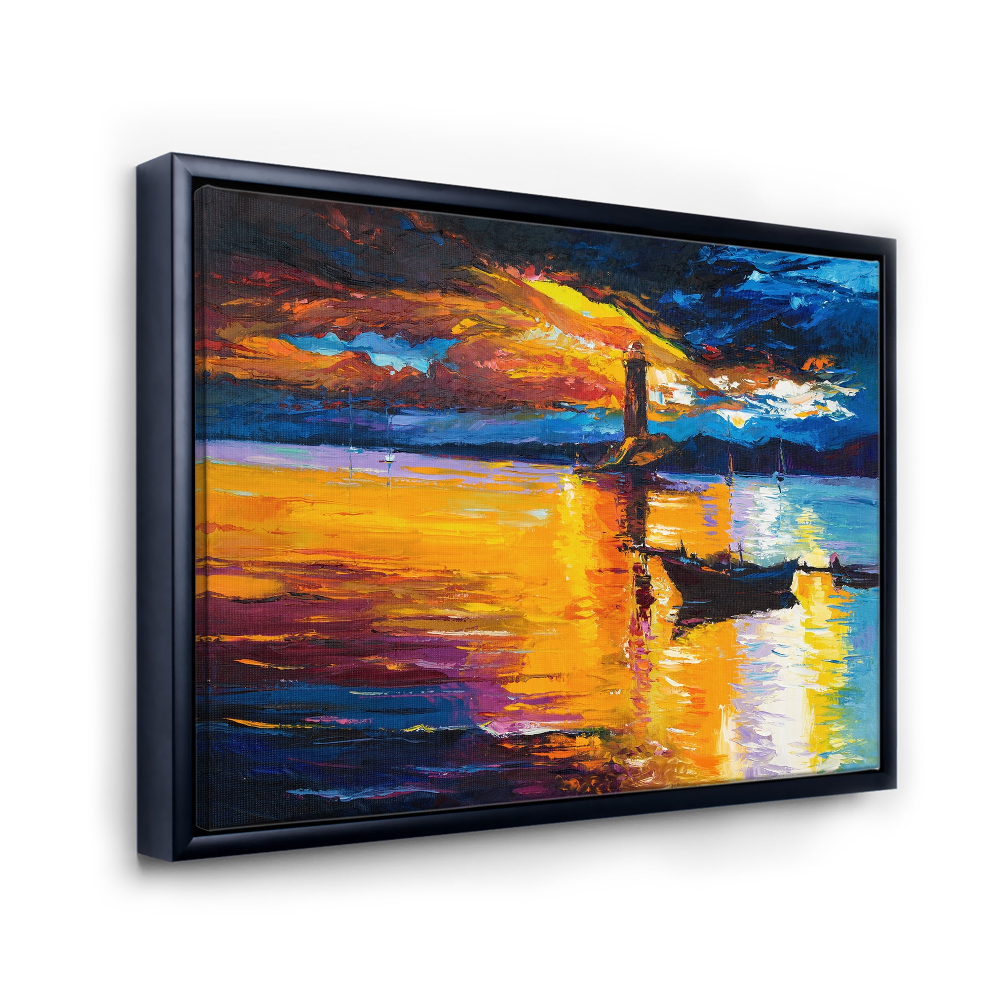 Little Boat By Lighthouse During Evening Glow 32 in x 16 in Framed Painting Canvas Art Print, by Designart