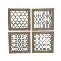 DecMode Farmhouse Natural Brown Wood Square Wall Décor, Set of 4 19"W x 19"H, Features Quatrefoil, Imperial Trellis, Chain-Link and Tile Patterns