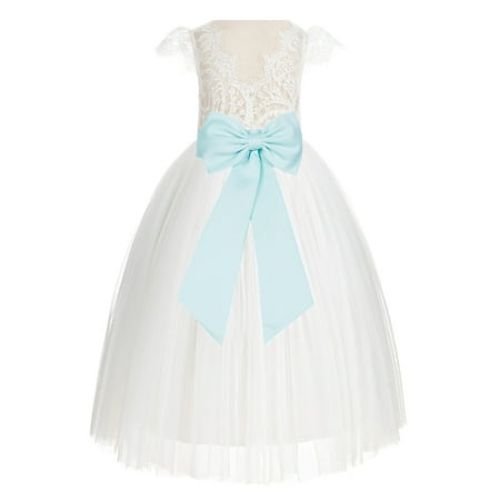 

Ekidsbridal Ivory Lace V-Back Cap Sleeves Flower Girl Dress Junior Bridesmaid Gown for Wedding Tulle 622T 10