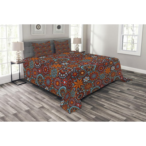 Ambesonne Mandala Quilted Bedspread Set 3 Pcs, Circular Nested Floral Form, King Size, Vermilion Ruby Sky Blue