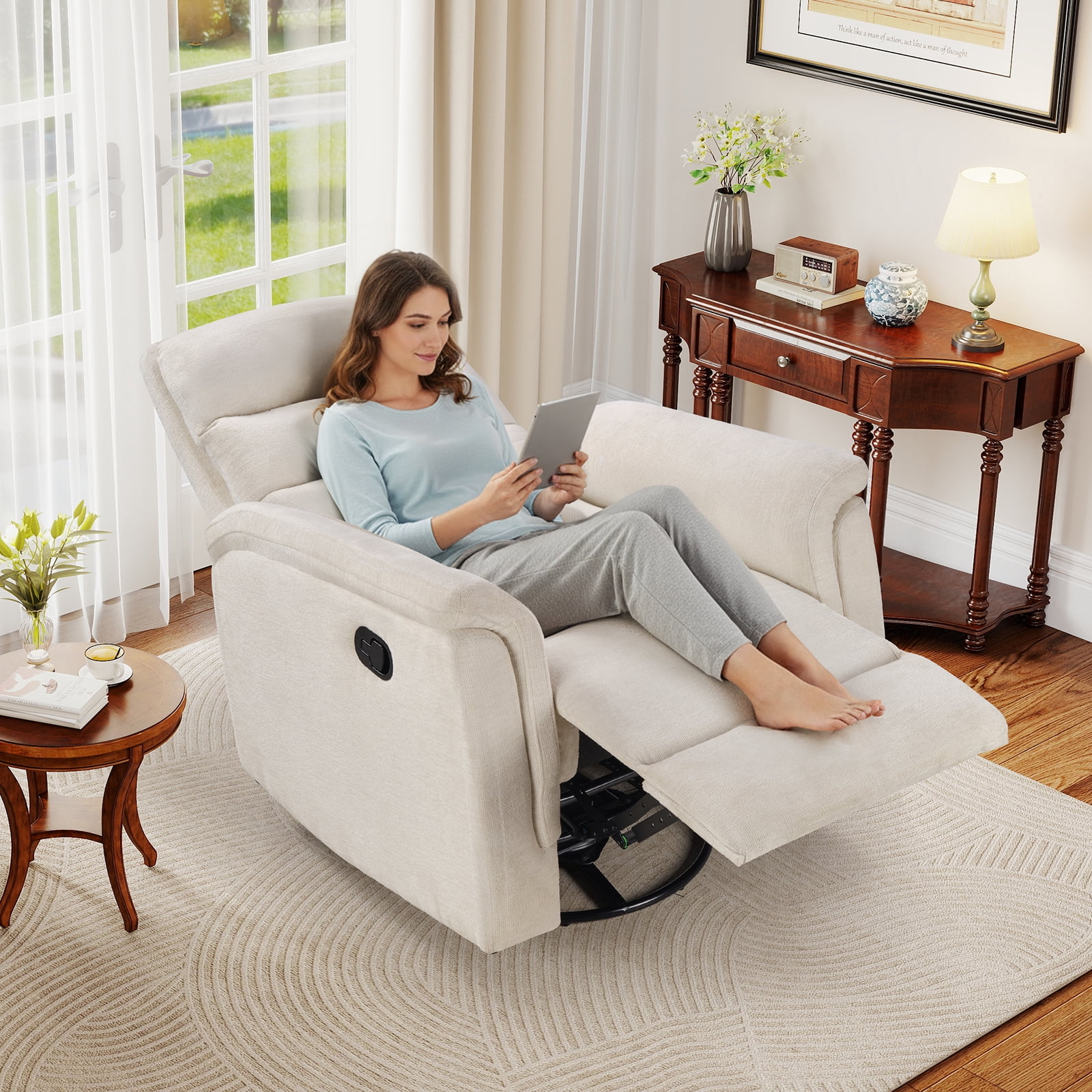 Ebello Manual Fabric Swivel Rocker Recliner, Silent Nursery Glider Chair with Soft Armrests & Backrest for Bedroom Apartment Living Room, Beige
