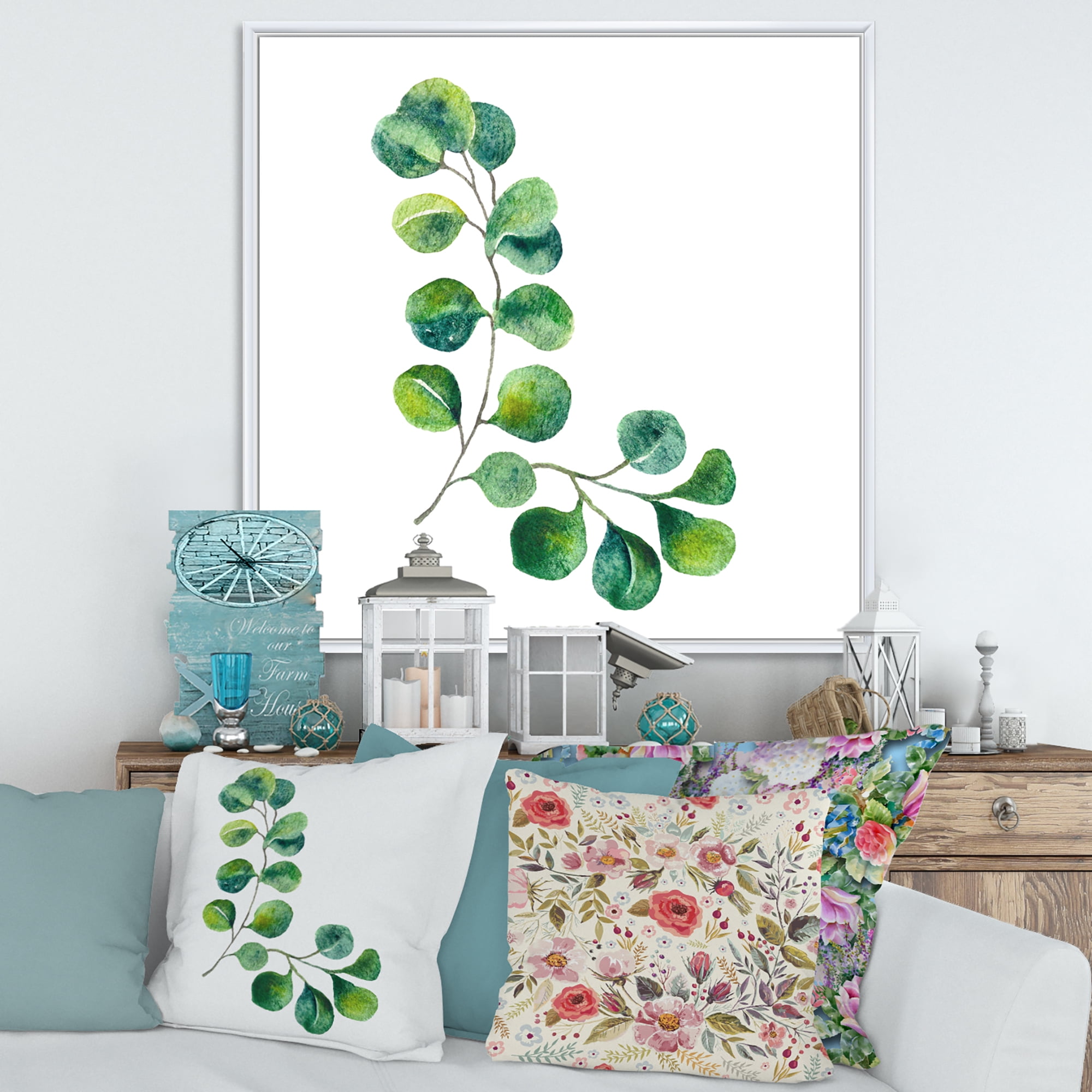 Designart 'Green Eucalyptus Plant Branches II' Traditional Framed Canvas Wall Art Print