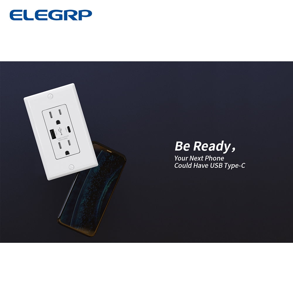 ELEGRP USB Outlets Receptacles, USB C Wall Outlet, 25W 5.0 Amp High Speed Charging USB Electrical Outlet, 15 Amp Tamper-Resistant Outlet with USB C Ports, UL Listed, Wall Plate Included