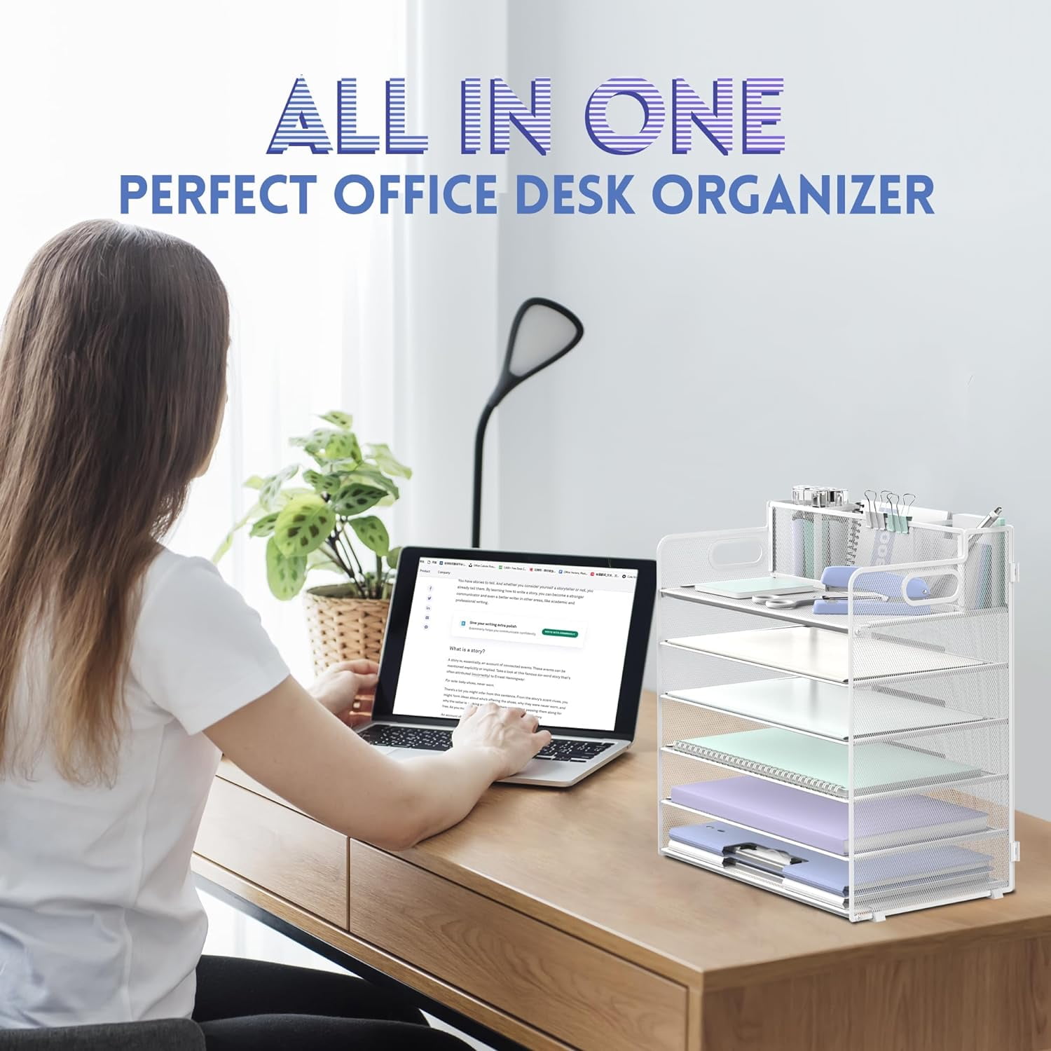 INTIGE 6 Tier Metal Desk File Organizer with Handle and Pen Holders, White, 1 Piece