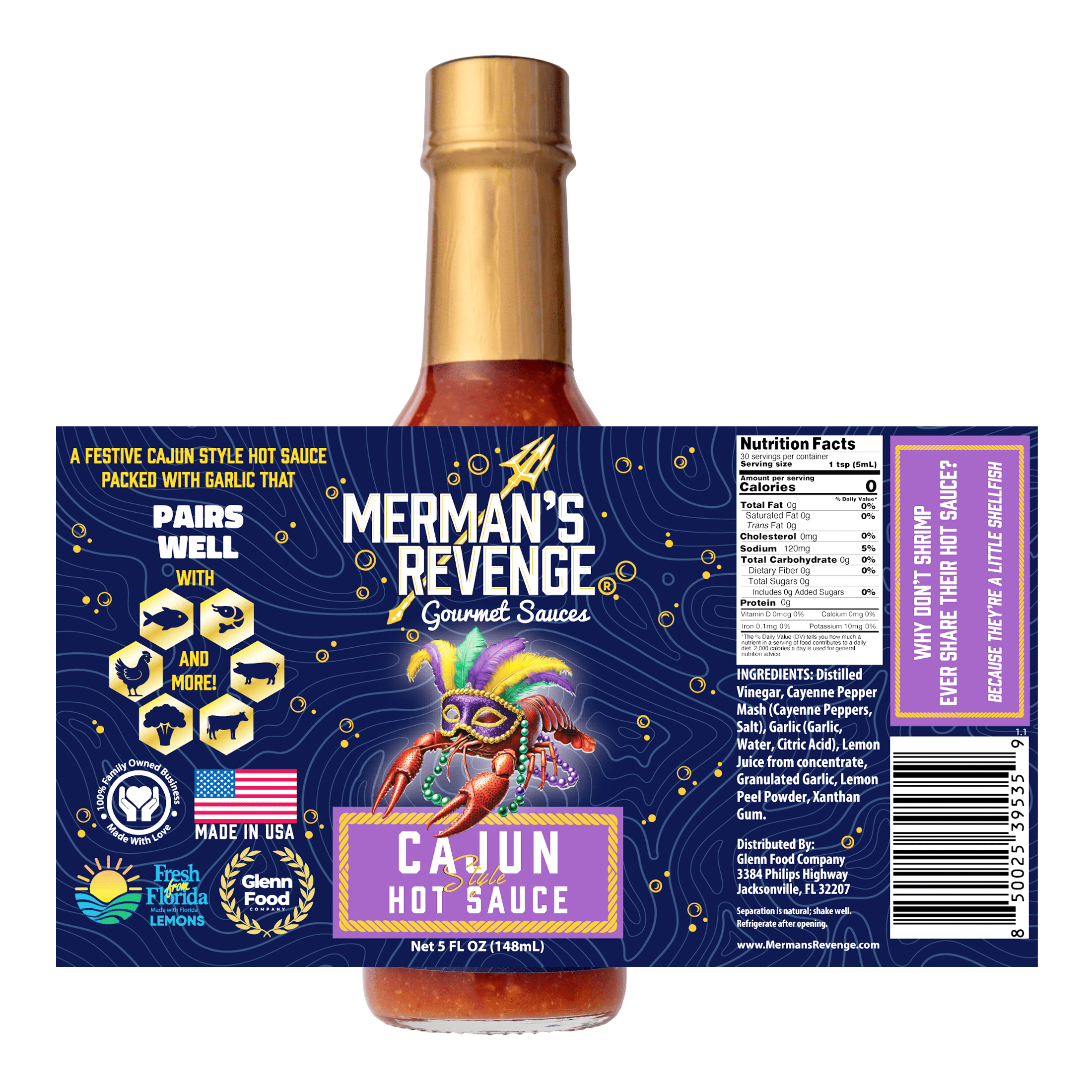 (6 pack) Merman's Revenge Cajun Style Medium Spice Hot Sauce, 5 fl oz Glass Bottle
