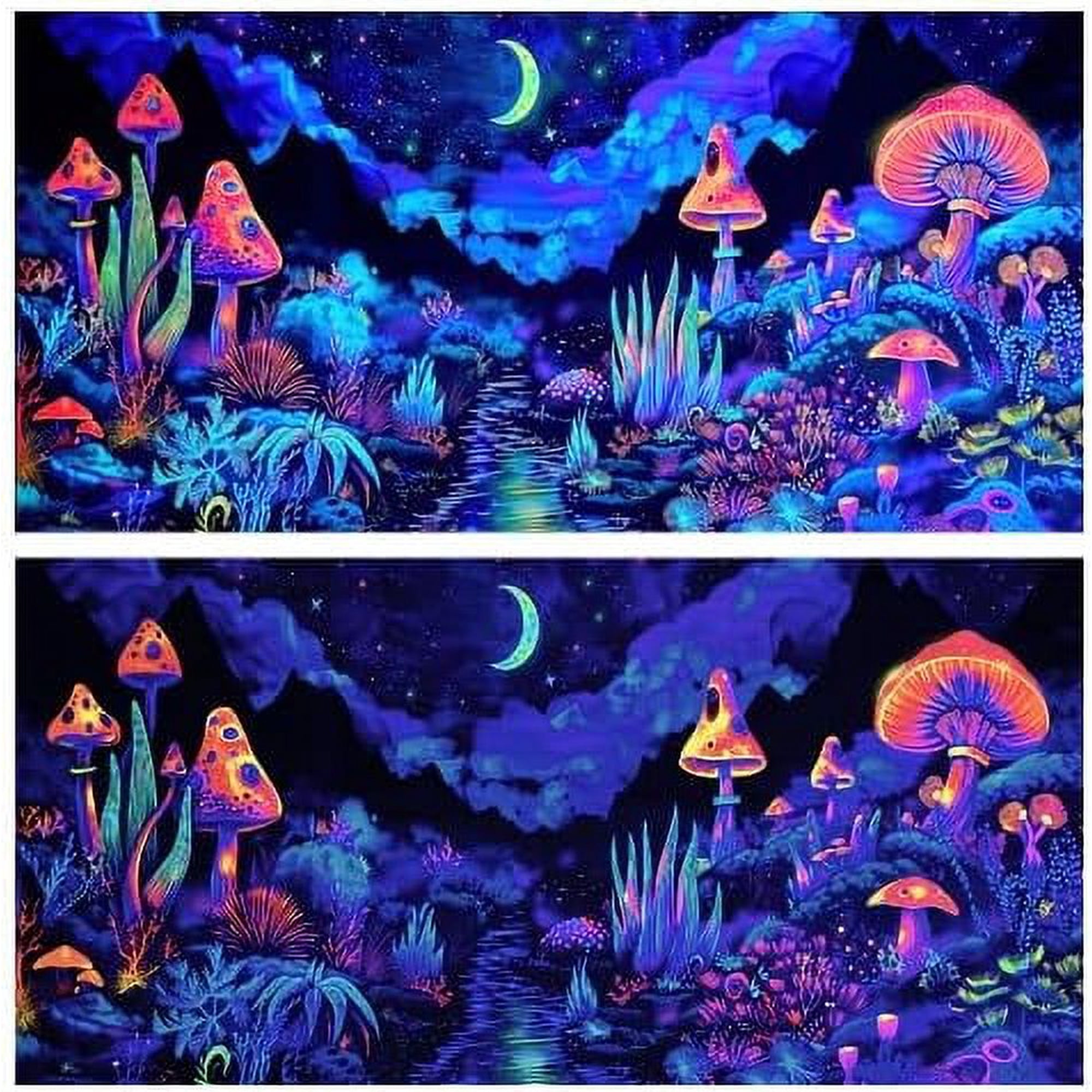 Blacklight Mushroom Flower Black Light Aquarium Background, UV Fish Tank Background Moonlight Mountain Forest Landscape Terrarium Background with 10 EVA Double-Sided Tape, 24X12IN