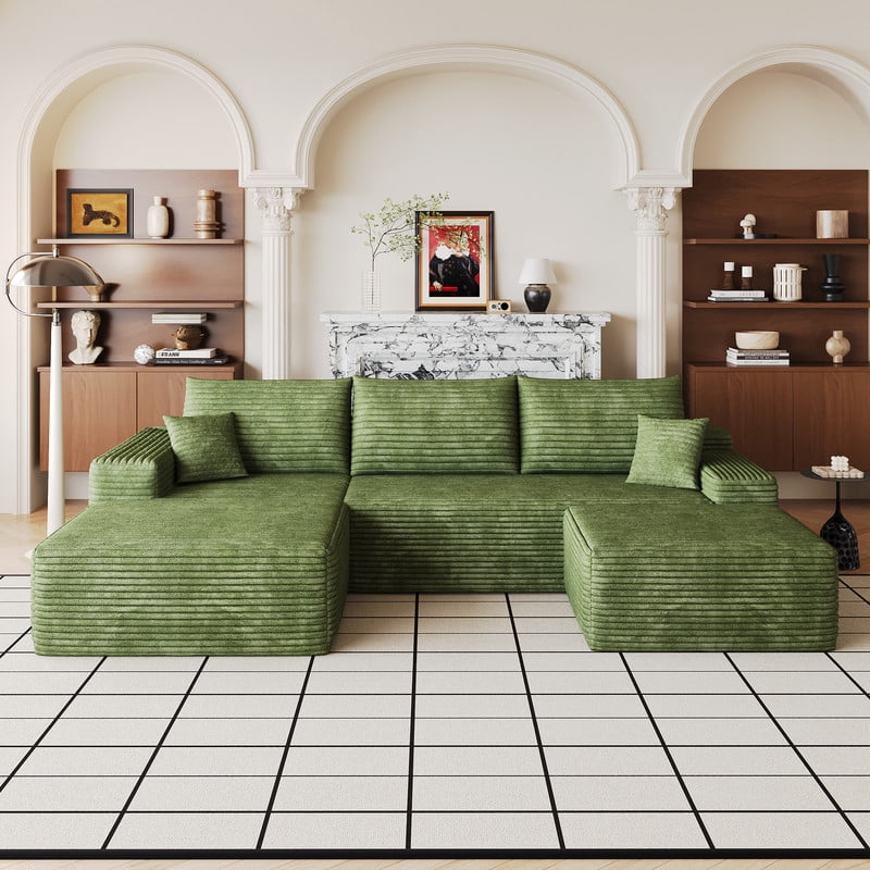 107" Cloud Sectional Sofa with Ottoman, U-Shaped Modular Couch with Deep Seats, Modern Minimalist Upholstered Sofa with Chaise, Plush Corduroy Living Room Sofa, No Assembly Required