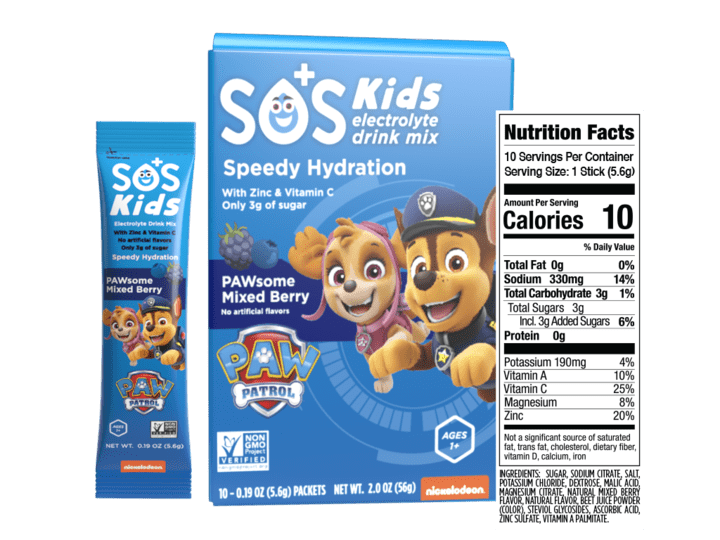 SOS Kids X Paw Patrol Electrolyte Drink Mix, Mixed Berry,10 Ct