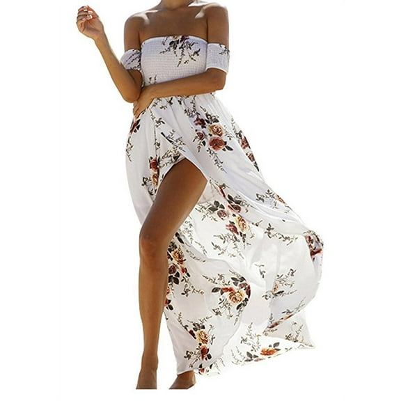 Women Floral Off the Shoulder Split Chiffon Maxi Beach Dress Wedding Party