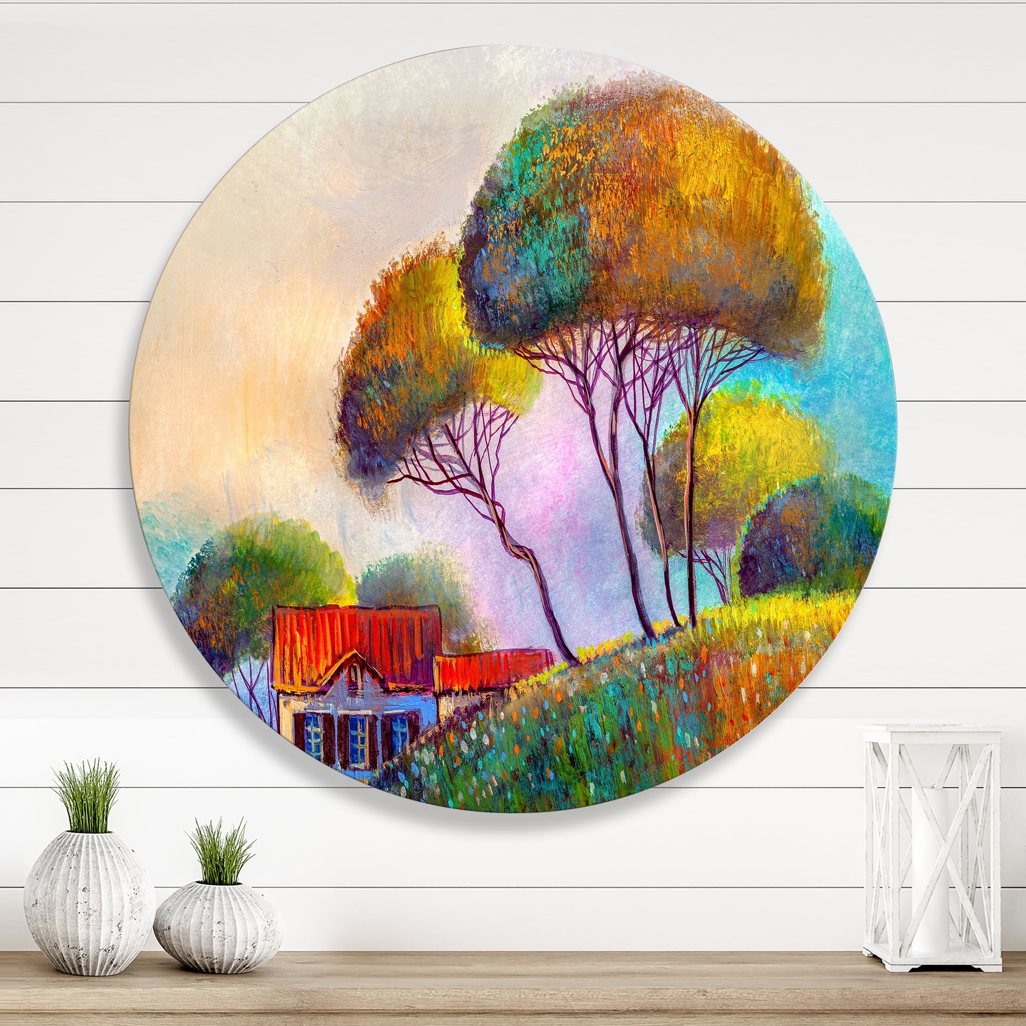 Designart 'Beautiful Village House On A Hot Summer Day' Modern Circle Metal Wall Art 23x23 - Disc of 23