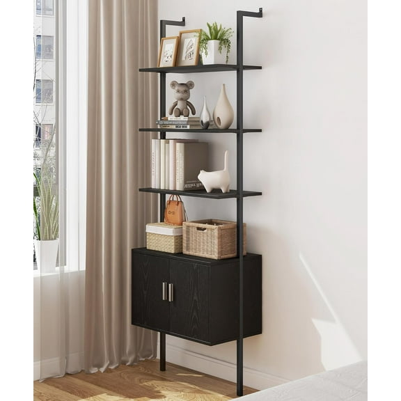 73" Tall Bookshelf with Cabinet, Industrial Ladder Wall Mount Shelf Bookcase with Wood and Metal Frame, Plant Shelf Wall Storage Display for Living Room Bedroom, Black Wood Grain