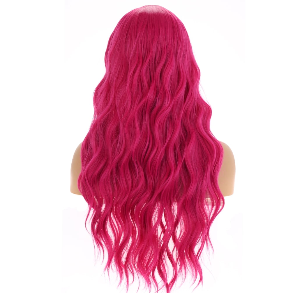 RightOn 23" Hot Pink Wig Long Curly Wig with Bangs Synthetic Wig Women Girls Wig Rose Red Wigs with Wig Cap