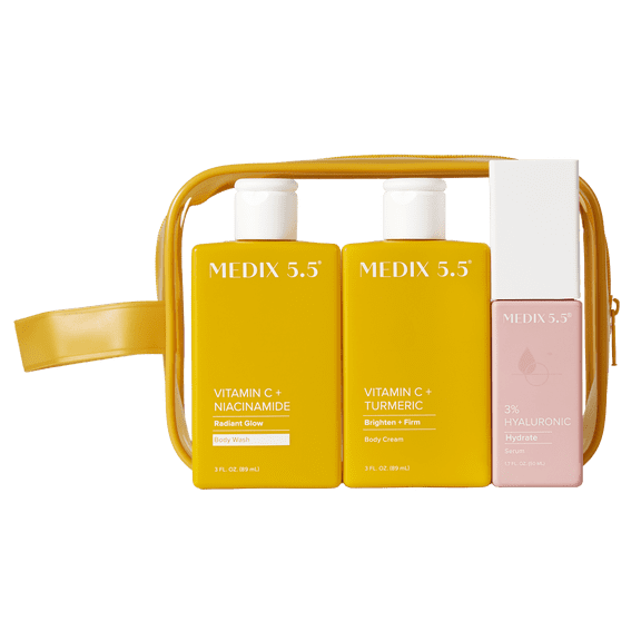 MEDIX Vitamin C Cream + Wash + Hyaluronic Acid Serum 3PC Travel Kit Skin Care Set - Vitamin C Body Lotion & Body Wash + 3% Hyaluronic Serum Skincare Set To Improve Look Of Dark Spots & Dry Skin, 3PC