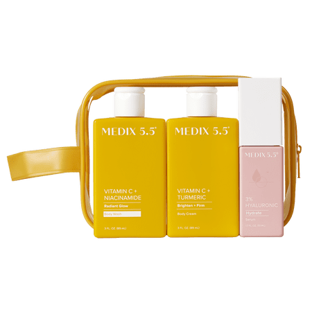 MEDIX Vitamin C Cream + Wash + Hyaluronic Acid Serum 3PC Travel Kit Skin Care Set - Vitamin C Body Lotion & Body Wash + 3% Hyaluronic Serum Skincare Set To Improve Look Of Dark Spots & Dry Skin, 3PC