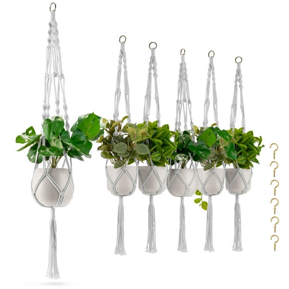Sorbus Macrame Plant Hanger (6 Pack) Indoor Outdoor Hanging Plant Pots Cotton Rope, Elegant for Home, Patio, Garden (White)