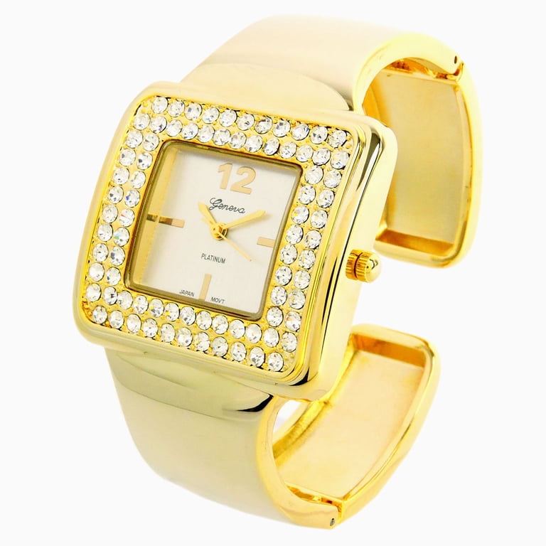 Geneva Gold Tone Ladies Quartz Bangle Watch, Crystal Bezel 