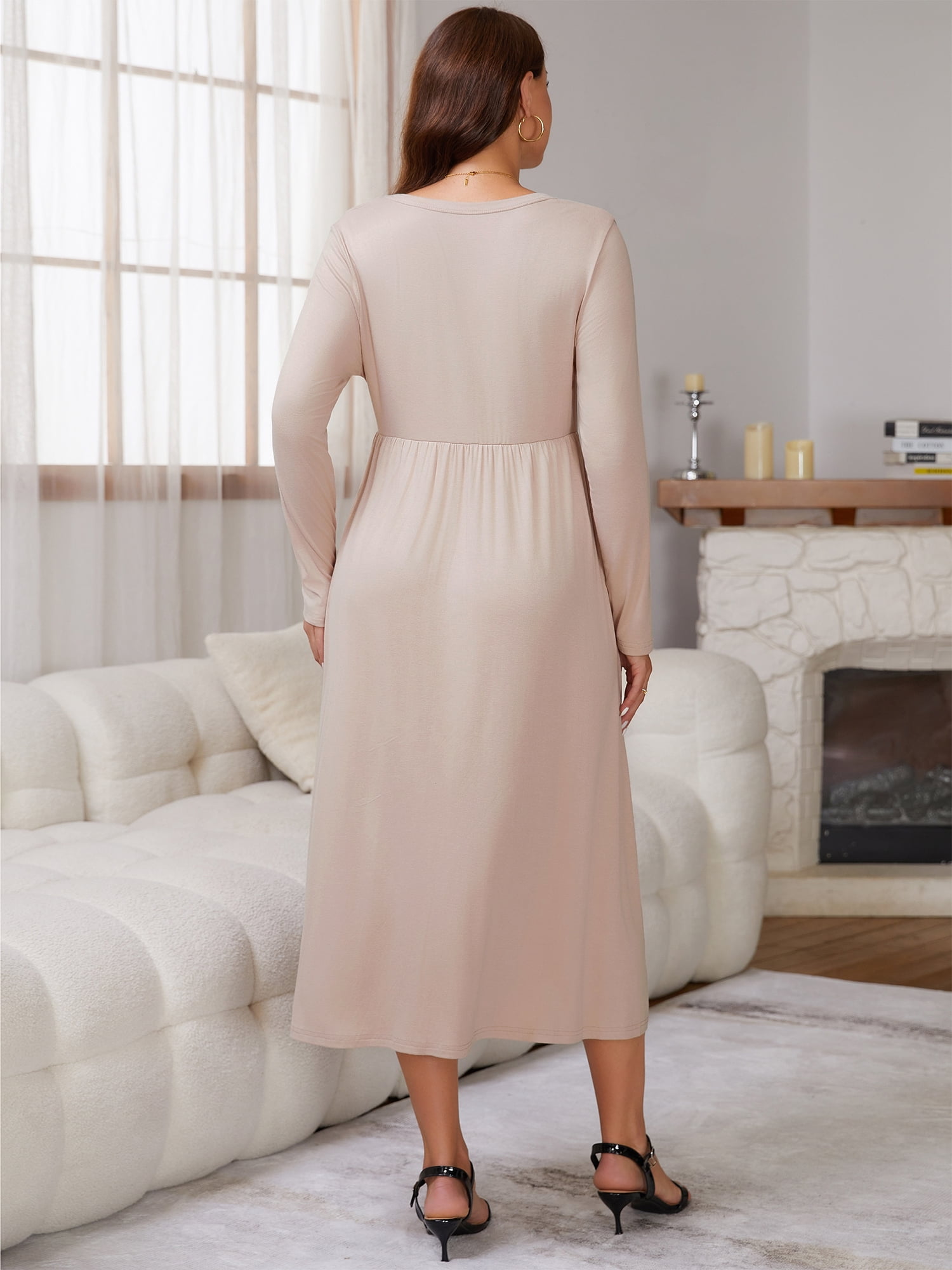 DARING DIVA Women's Soft A-line Maternity Dresses Long Sleeve Maxi Dress 2XL Khaki