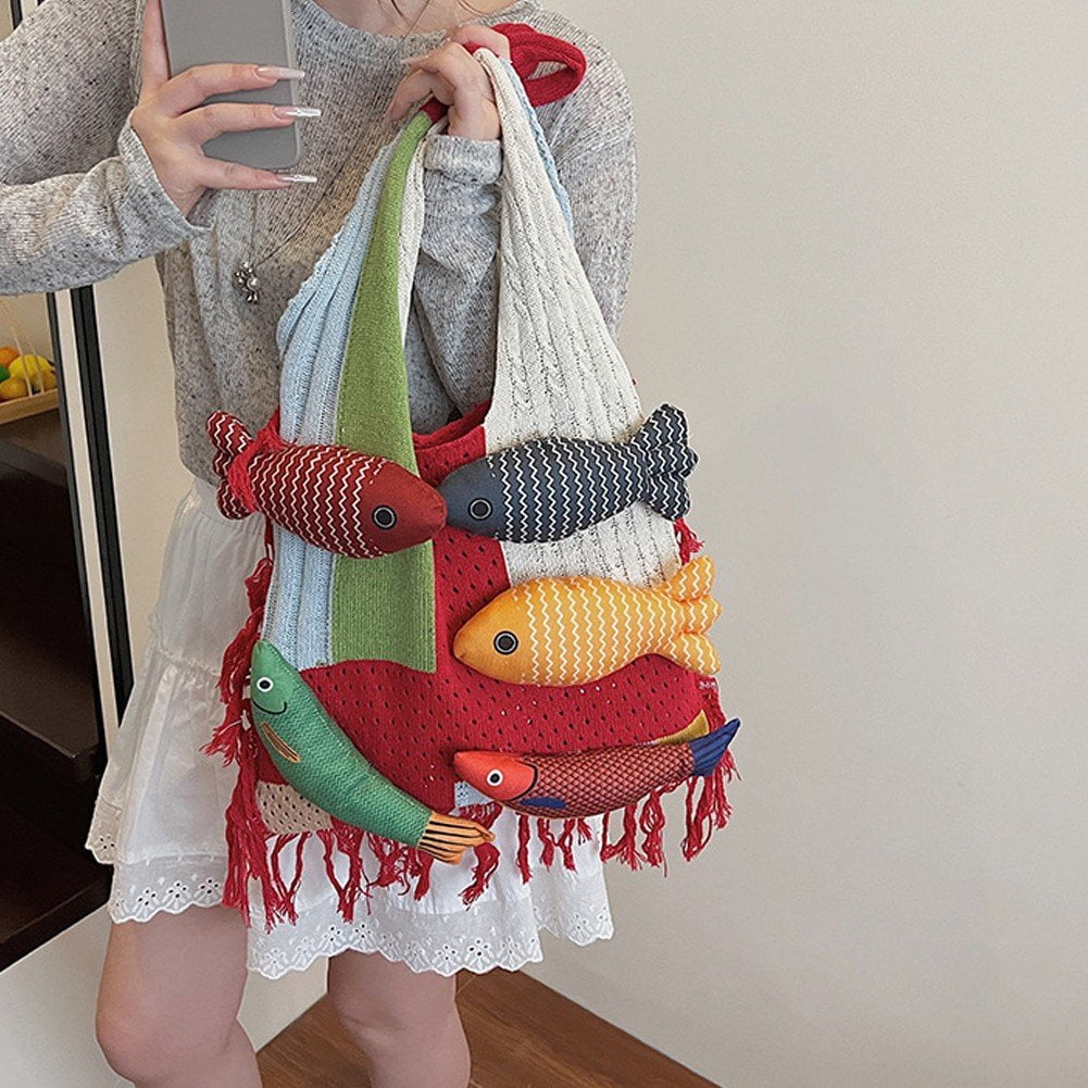 Jiibva Crochet Beach Shoulder Bag for Women Summer Tote handbags Shoulder Boho Bag with Handmade Fish for Summer Vacation