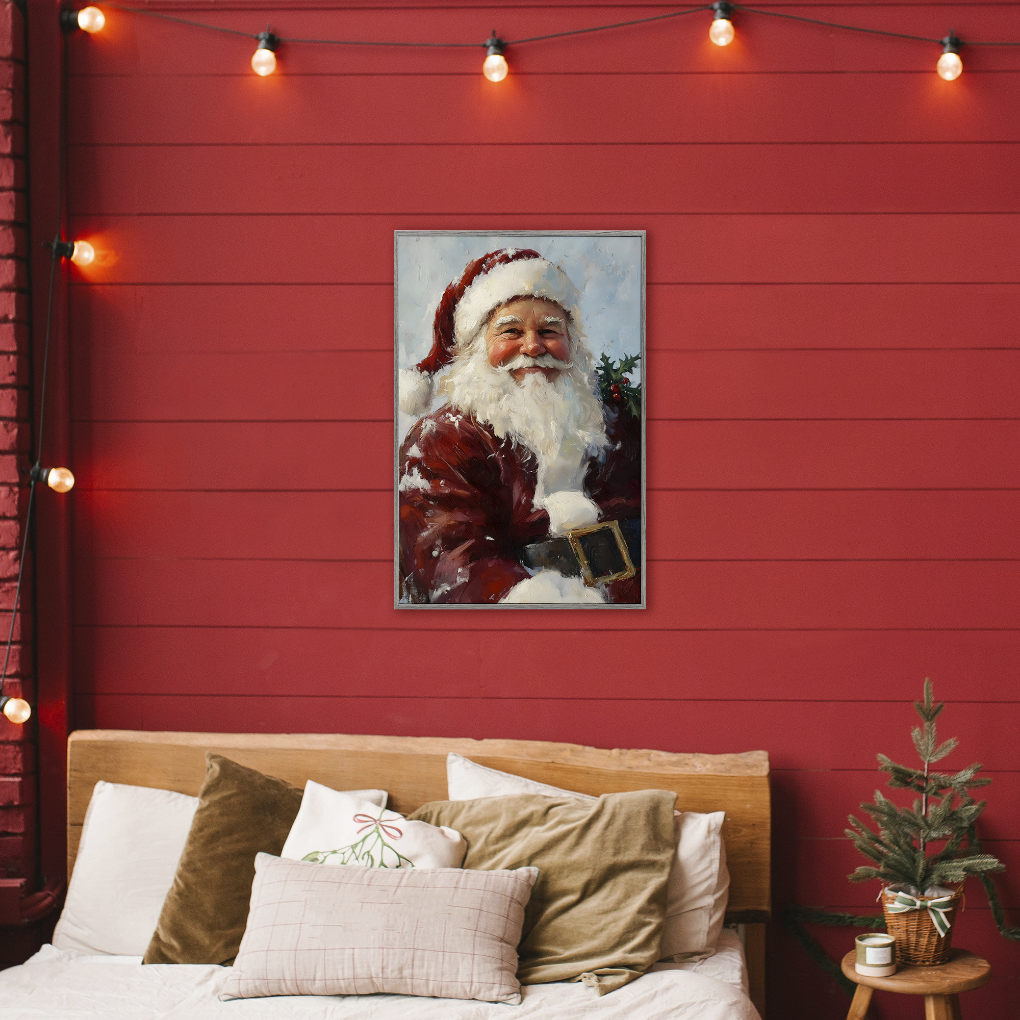 Rosy Cheeked Santa Smile Gray Framed Giclee Art, design by Petal Prints Design