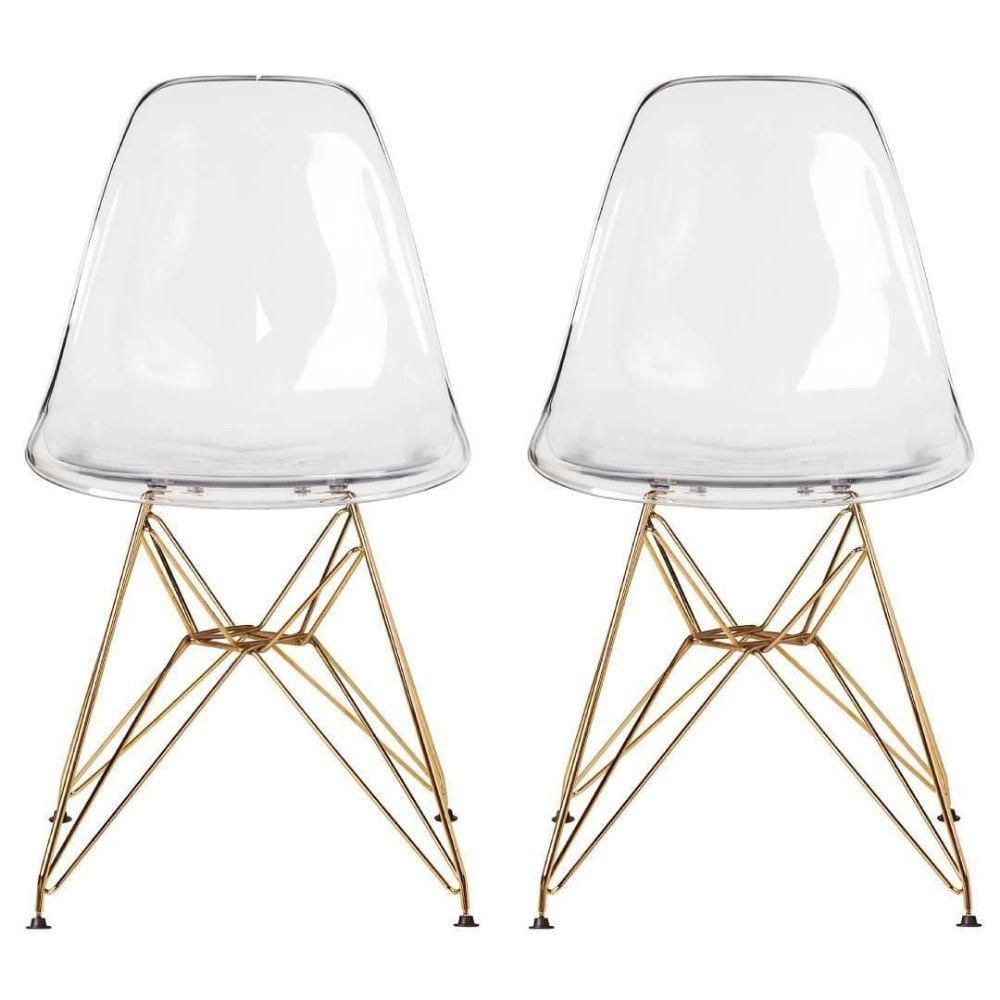 Chaise de salle à manger de style Eiffel avec siège en acrylique et pieds dorés – Lot de 2 chaises transparentes modernes, siège en acrylique transparent, chaises d'appoint élégantes pour salles à man