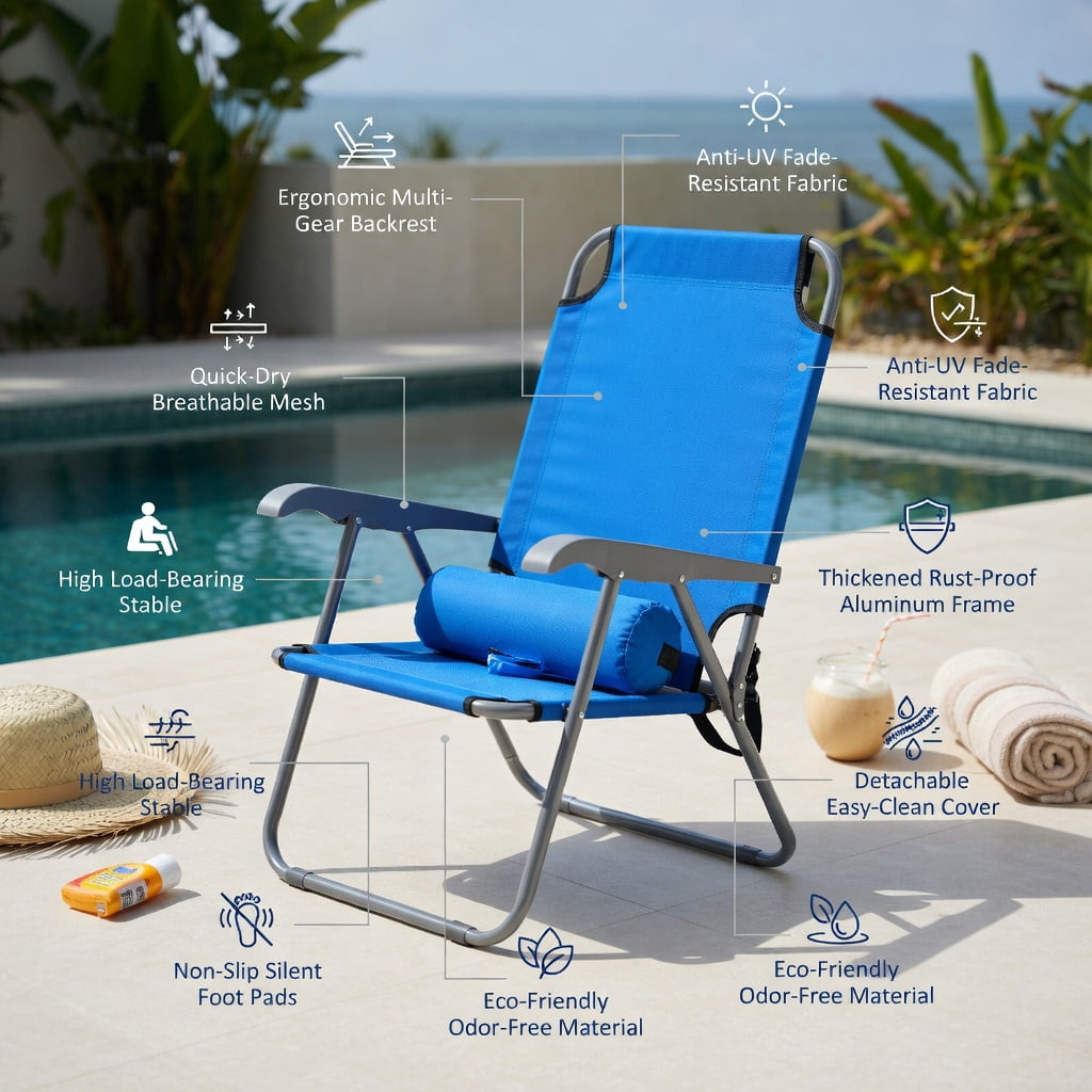 Hommoo Adjustable Folding Beach Lounge Chair with Removable Pillow, Lightweight Aluminum Frame, Portable for Beach, Pool & Patio, Blue