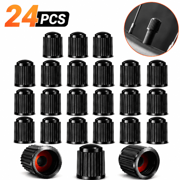 Emlimny 24 Pack Tire Valve Stem Caps with Sealing Ring - Upgraded Universal Fit Dust Caps for Car, Truck, Motorcycle, Bicycle, SUV, Trailer - Black Rubber Gasket Air Leak Protection
