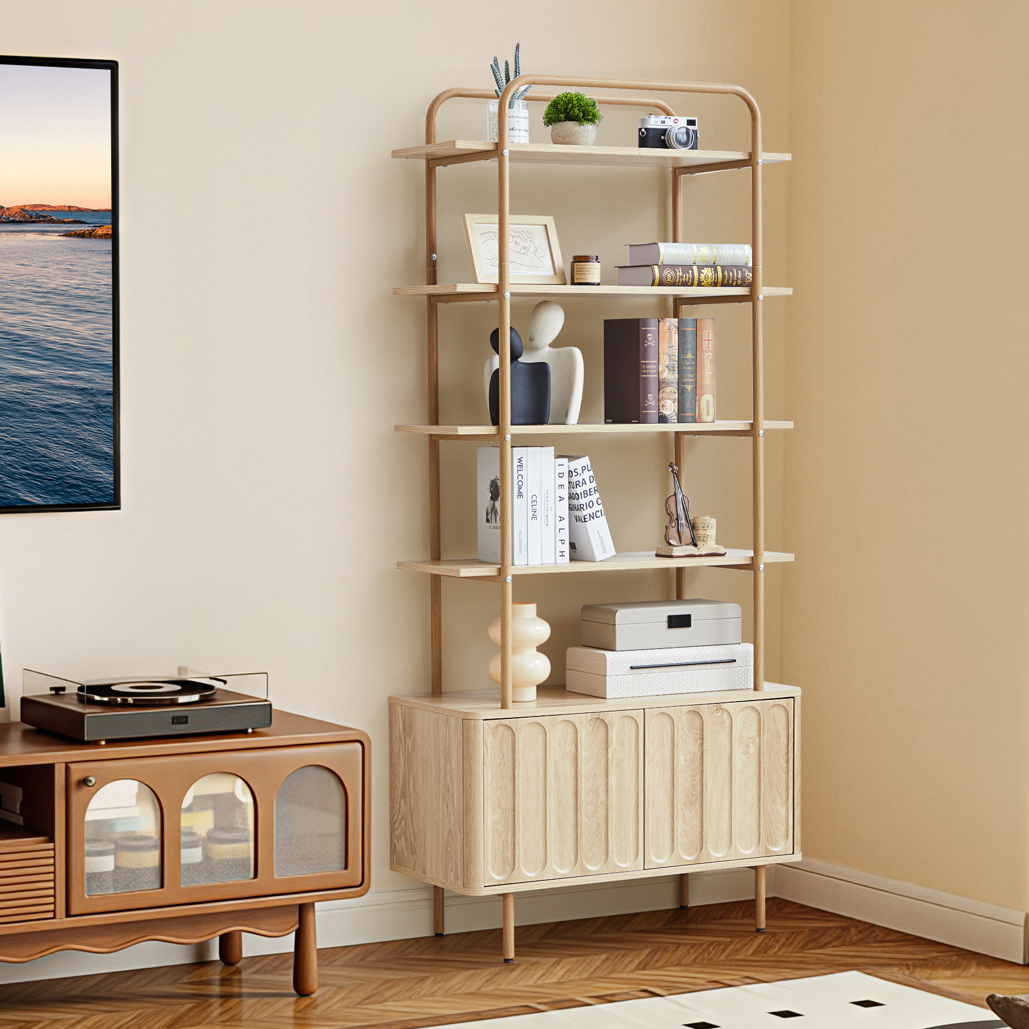 Weselon 5 Tier Ladder Bookshelf with Hidden Storage Cabinet with Doors, Fluted 5-Shelf Wall Mounted Bookcases with Open Display Shelf, Light Honey Wood Finish
