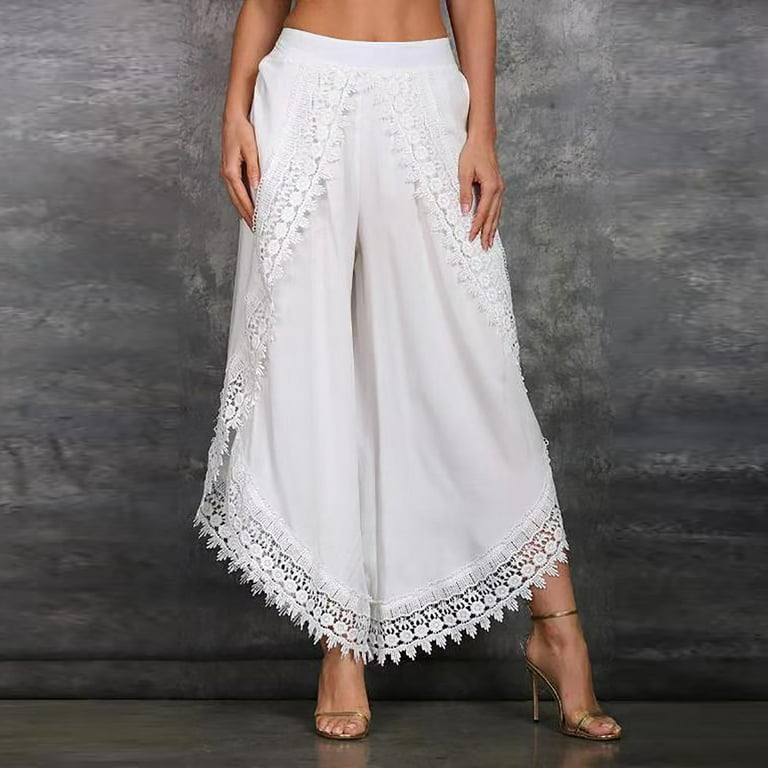 Dadaria High Waisted Wide Leg Pants for Women Tall Solid Lace Elastic Waist  Workout Sports Wide Lag Pants White XL,Female