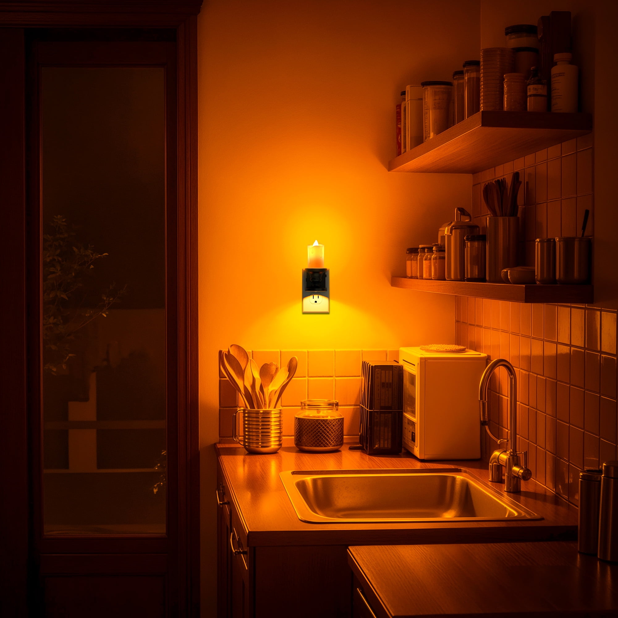 2 Pcs Amber Flickering Flame Candle Night Light with Dimmer