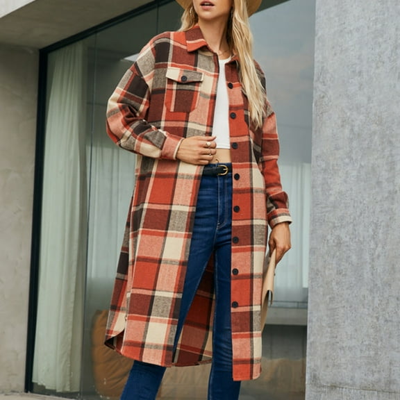 YUNAFFT Chic Checkered Notched Collar Button Front Coat with Pockets for Women - Classic Plaid Design Long Sleeve Casual Outwear