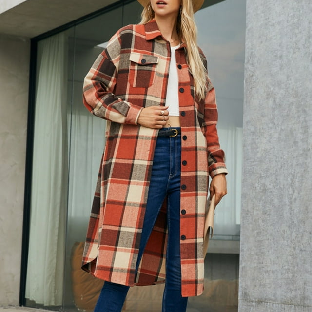 Chaqueta y abrigo informal de manga larga sin capucha para mujer, de lana con solapa a cuadros y bolsillo con hebilla, a la moda