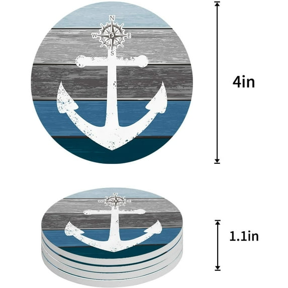FMSHPON Ocean White Anchor Retro Farm Blue Grey Wooden Grain Set of 4 Round Coaster for Drinks, Absorbent Ceramic Stone Coasters Cup Mat with Cork Base for Home Kitchen Room Coffee Table Bar Decor