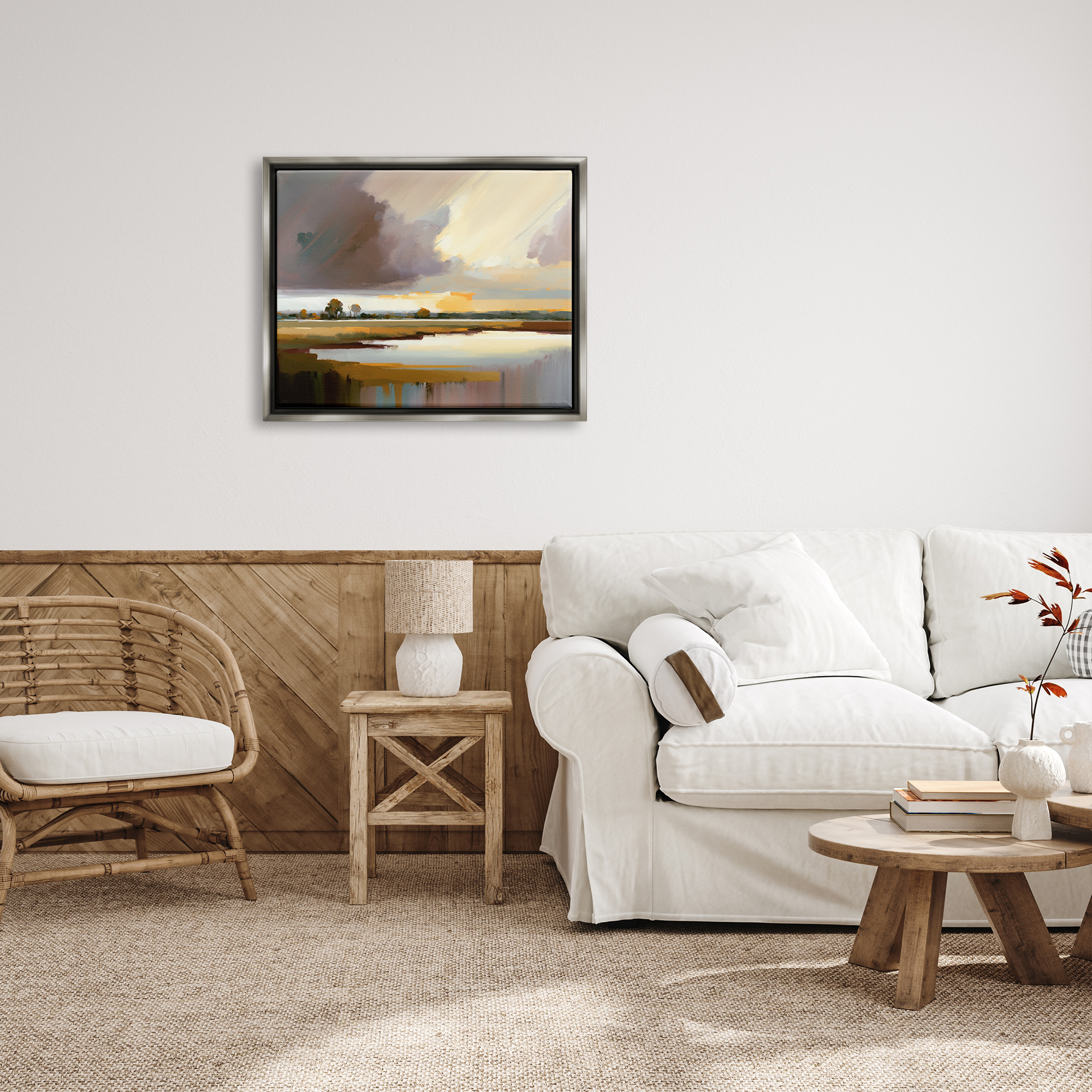 Stupell Industries Abstract Lake Painting Nature Painting Gray Floater Framed Art Print Wall Art, 31 x 25
